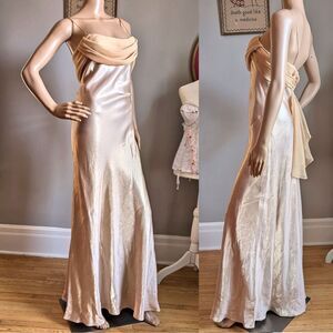 NWT Vintage 90s Let's Fashion Prom Gown Greek Goddess Cowl Gold Chiffon Size L